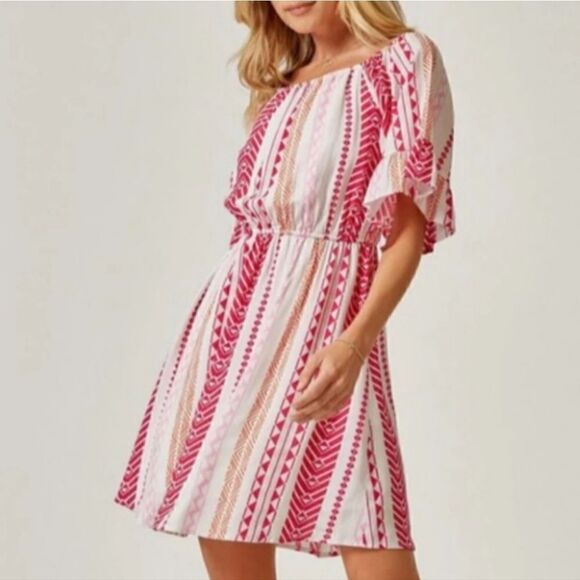 Emily Wonder NWT Pink Ruffle Elastic Geometric Print Casual Dress 1X - Picture 1 of 11